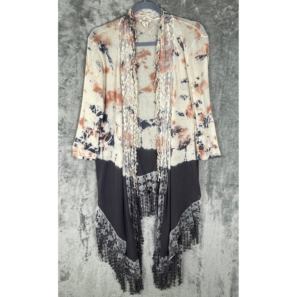 Sundance Tie Dye Mesh Duster Cardigan Women M Multicolor EUC Fringe Lace Boho
